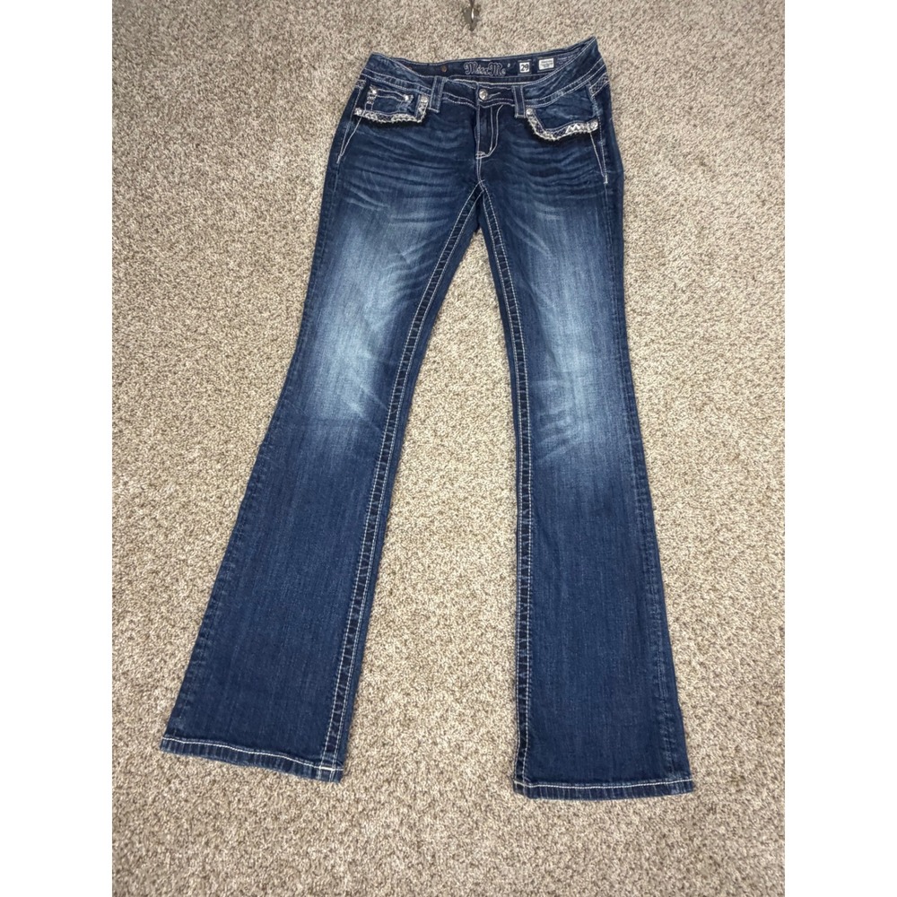 Miss Me Signature Bootcut Jeans Dark Wash Embroidered Frayed Trim Size 29 Y2K